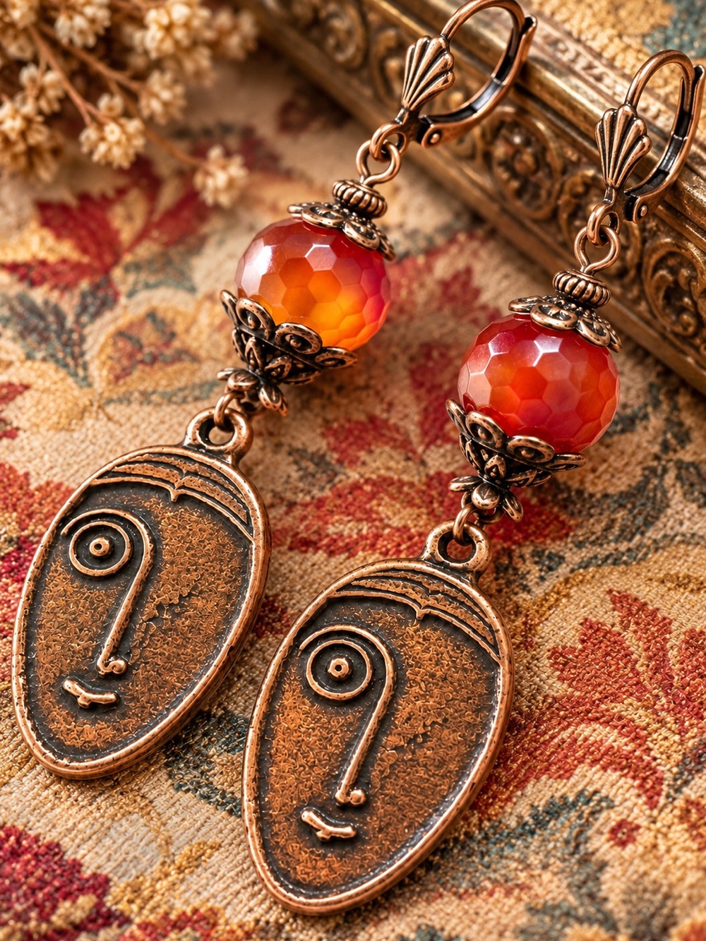 Faceted Czech Glass Earrings, Antique Copper Face Dangles, Premium Leverbacks